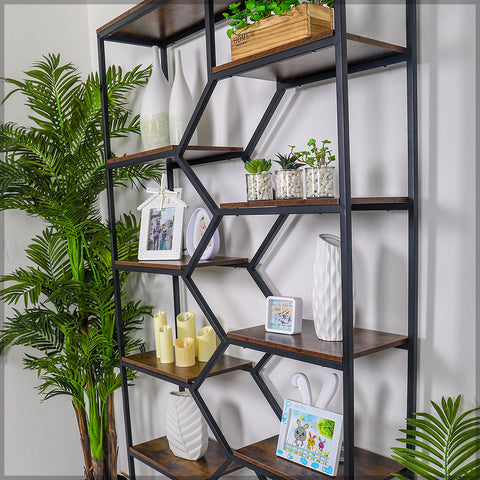 This decorative storage shelf features a sturdy metal frame