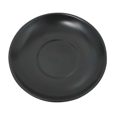 Black porcelain saucer for coffee and tea sets, part of the 12-piece collection with coffee mugs and metal stand.