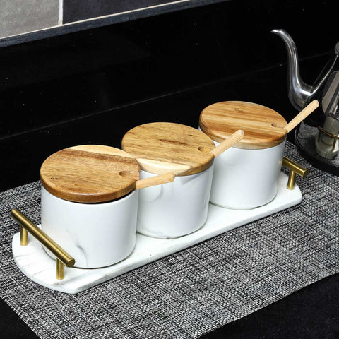 Condiment Pots Spice Jars With Ceramic Tray
