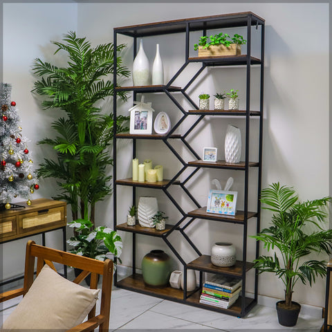 This decorative storage shelf features a sturdy metal frame 