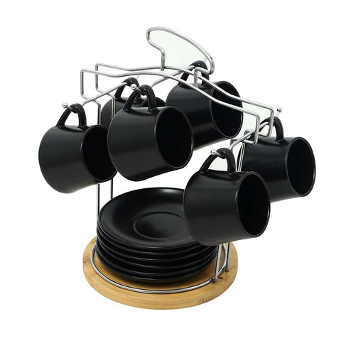 12-Piece Porcelain Coffee & Tea Set with metal stand featuring black coffee mugs and saucers displayed on a floor chair.