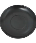 Black porcelain saucer for coffee and tea sets, part of the 12-piece collection with coffee mugs and metal stand.