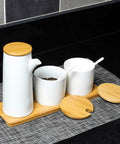 3 Piece Ceramic Seasoning Jar With Wood Tray