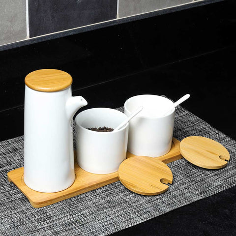 3 Piece Ceramic Seasoning Jar With Wood Tray