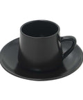 Black porcelain coffee mug with matching saucer on a white background.