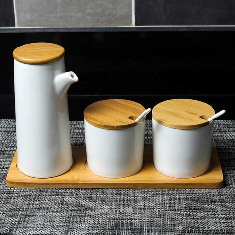 3 Piece Ceramic Seasoning Jar With Wood Tray