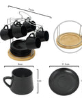 12-Piece Porcelain Coffee & Tea Set with black coffee mugs and black saucers displayed on a metal stand, alongside dimensions and details.