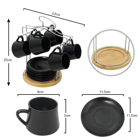 12-Piece Porcelain Coffee & Tea Set with black coffee mugs and black saucers displayed on a metal stand, alongside dimensions and details.