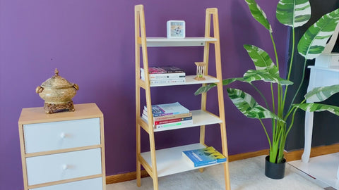 Maximize your space with elegance! Shop our versatile 4-Tier Wood Ladder Shelf – perfect for decor & storage. Transform any room today!