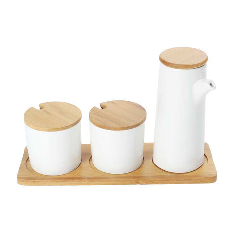 3 Piece Ceramic Seasoning Jar With Wood Tray